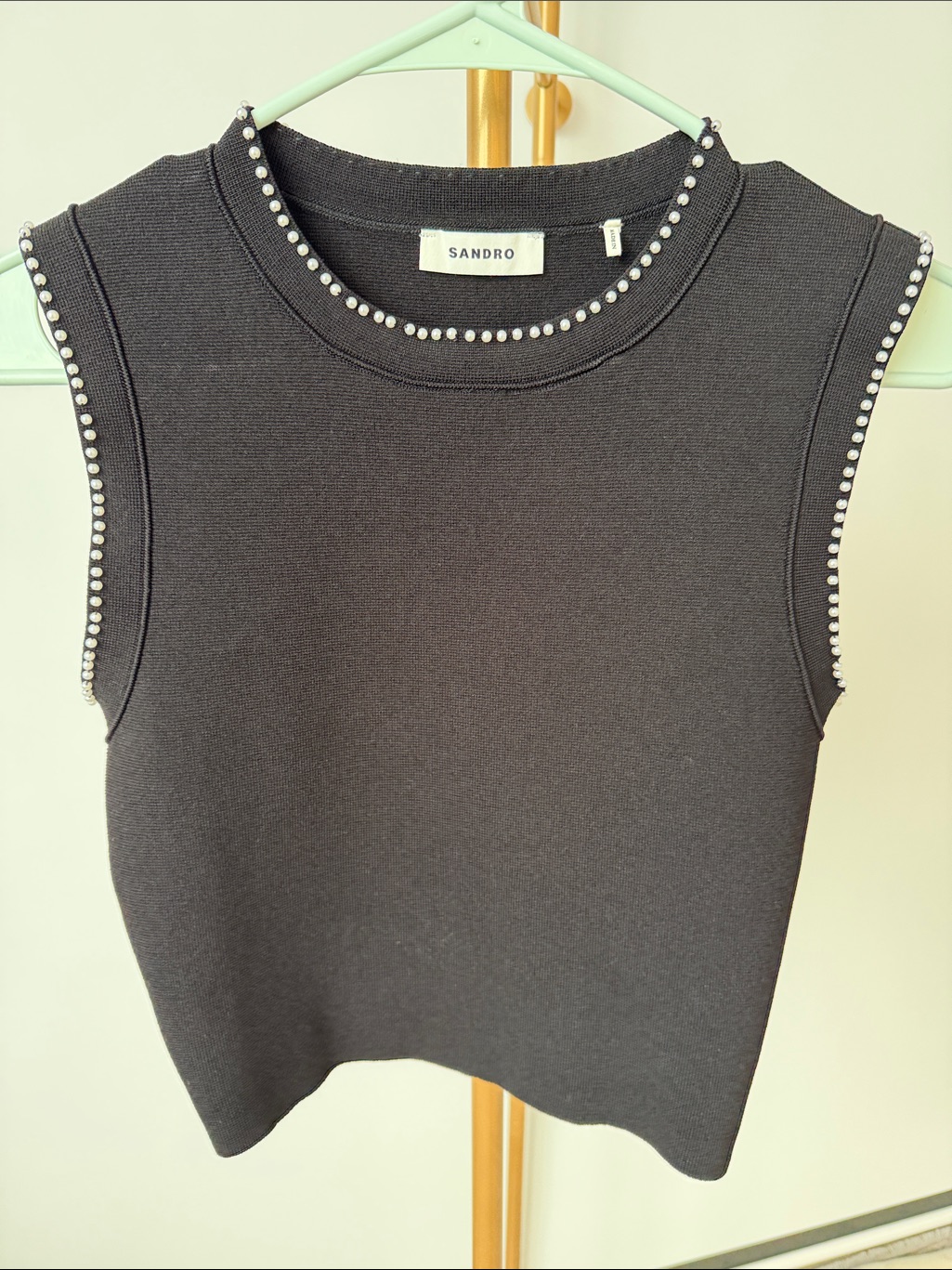 Sandro Black Sleeveless Knit Tank With Pearl Trim